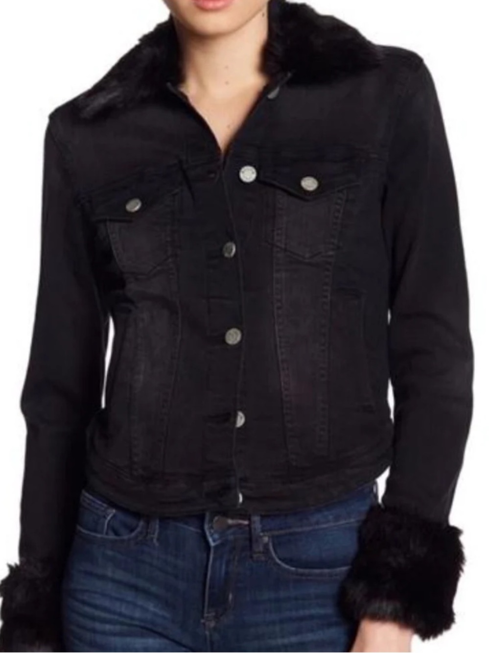 Esqualo Distressed Denim Jacket with Faux-Fur Cuffs